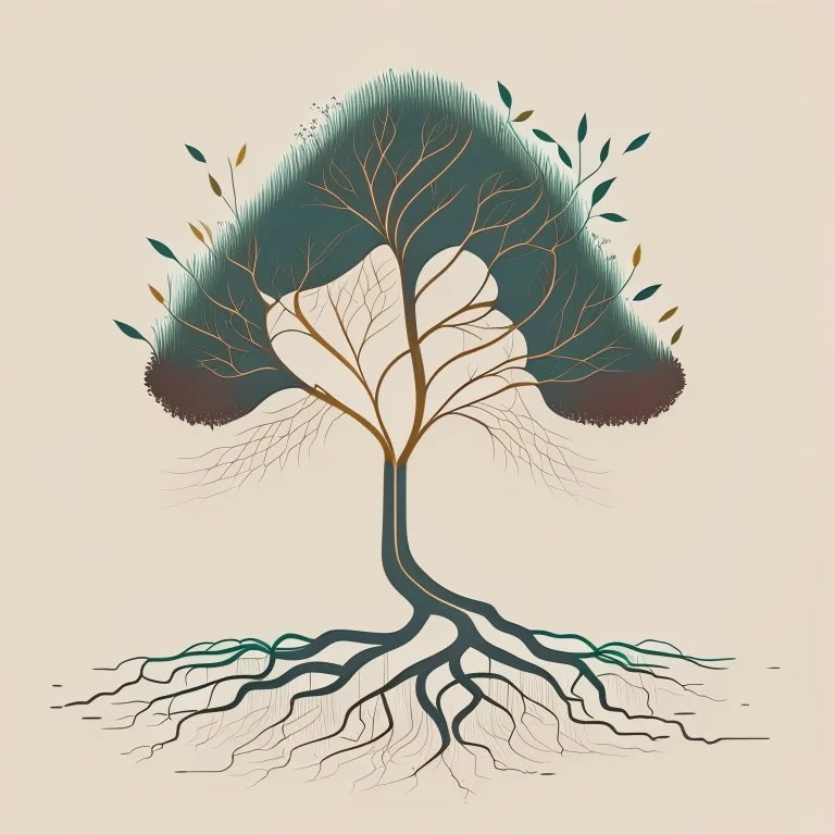 Illustrate a stylized tree with roots extending into the ground, each root representing one of the core values—creativity, authenticity, inspiration, and inclusivity. Keep the design minimalistic, using clean lines and subtle colors to convey the message effectively.