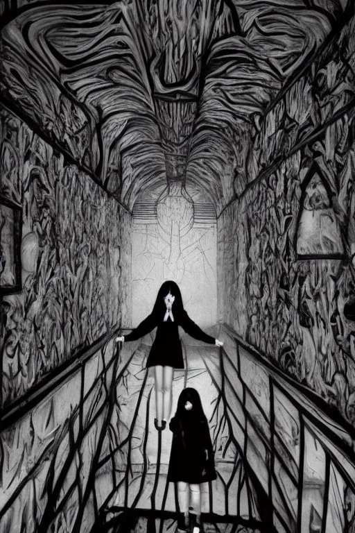 Wednesday Adams in 3d scary dark room Escher style