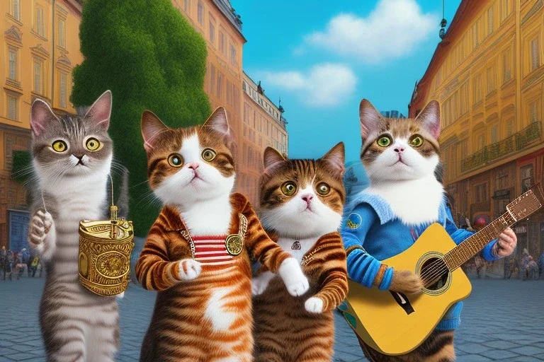 Group of three mature cats musicians, one cat playing guitar, one cat playing drums, one cat holding microphone and singing, street, Vienna, smiling, sunny day, model style, hyper realistic, extremely accurate, delicate, extremely detailed, Graphic novel style, wide-angle, open aperture, superfine pencil