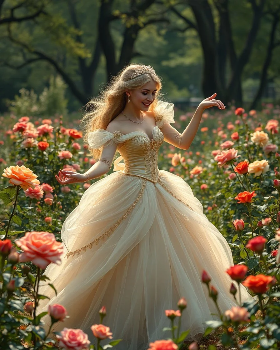 Realistic Photography Beautiful Princess Cinderella Happy dancing in Wild garden, flower beds, fractal ornamentation, over detailed, gloriously full and confusing, nothing that really exists, everything made up, fantasy world, sweet briar, photography graphic art, song birds, ochre rose, rose buds, dewy morning, forest of oaks,