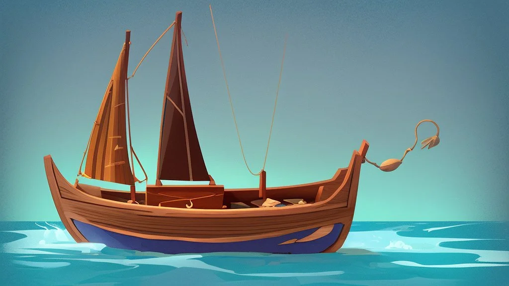 fantasy cartoon illustration: one new wooden boat in the blue see