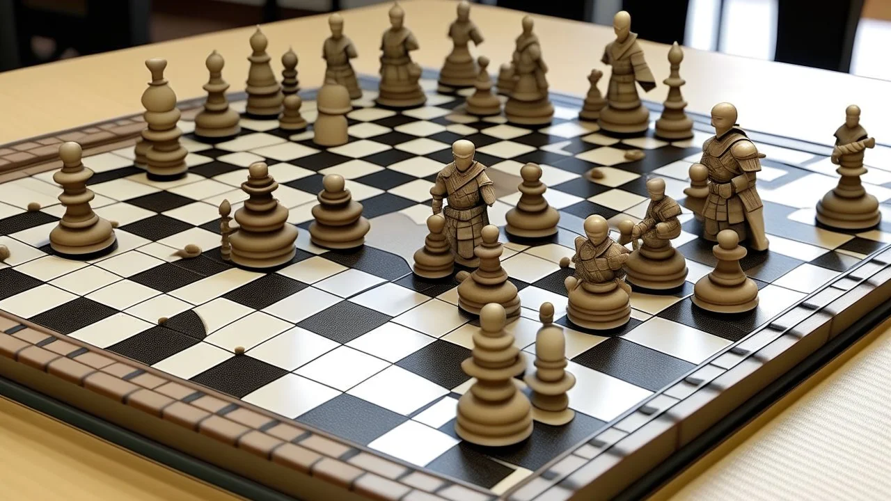 A chessboard with holes in it with tanks and soldiers on it