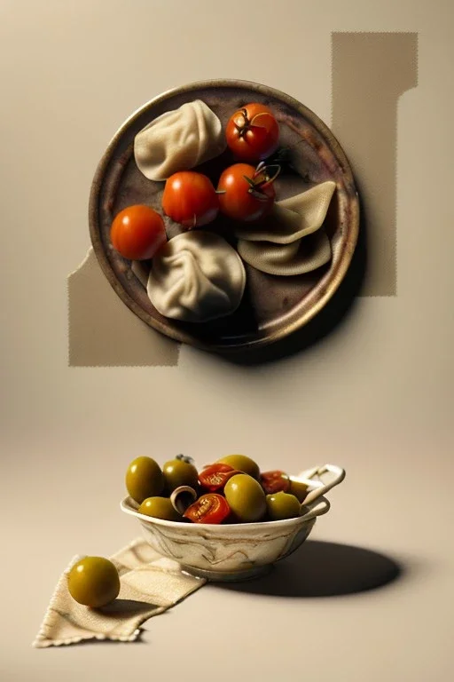 renaissance style still life composite, Ravioli pasta with natural cherry tomato, albahaca, olives, olive oil. Dish, moisture, art, natural, ornaments, ceramic, marble, high kitchen, smooth, god rays, unreal engine 5, ray tracing, RTX, lumen lighting, ultra detail, volumetric lighting, 3d.