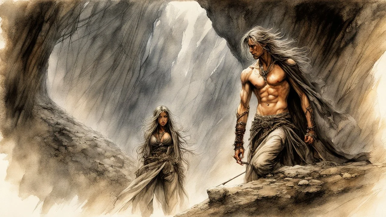 Hyper-photorealistic watercolor art style by Luis Royo, A dark cave lit only by oil lamps, a stone altar, animal skins, a young man and a girl, hyperdetailed face, full body diagonal shot, encounters male bandits in dark fantasy countryside setting, absence of mysterious elements, dramatic lighting, ultrafine detail, octane rendering., darkness world