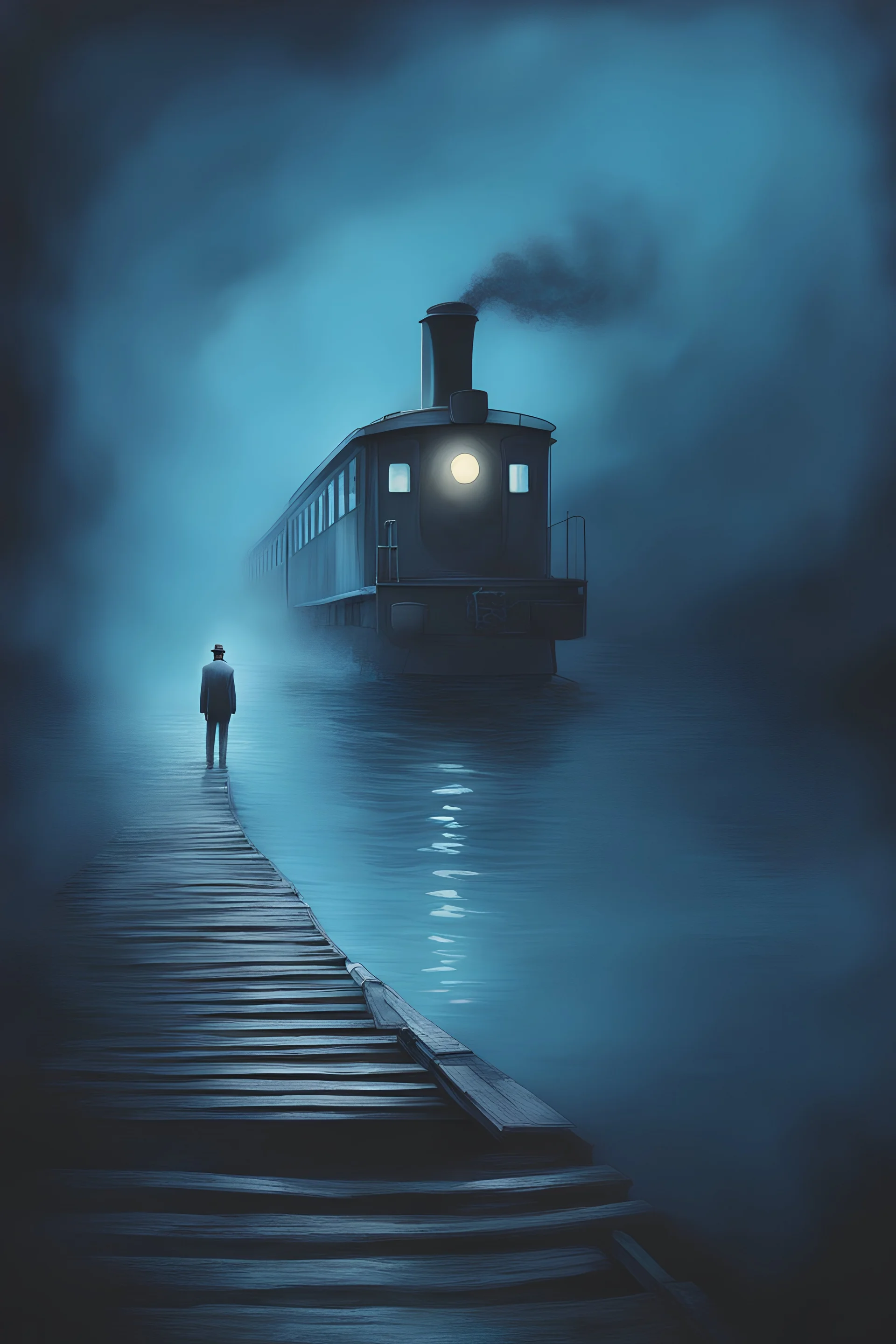 An artistic painting of a ghostly train conductor standing in the middle of a lake surrounded by a ghostly blue mist.