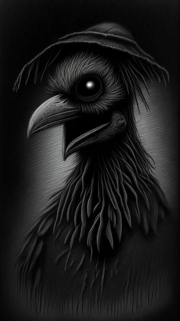 pencil drawing of a scare crow. Spooky, scary, halloween, realistic, black paper