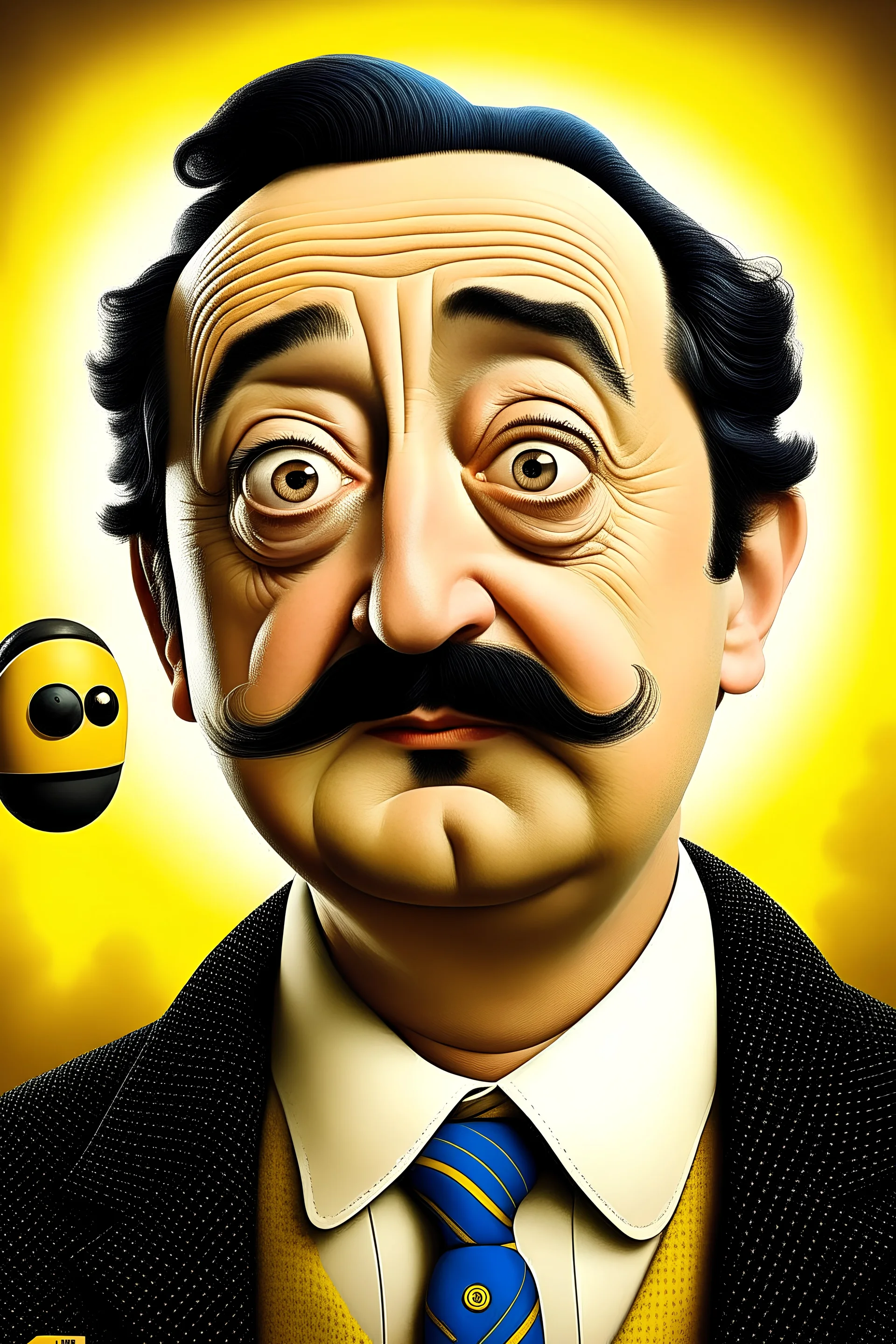 Realistic Portrait of Salvador Dali with the moustache and he is bring WALL-E robot a character by pixar
