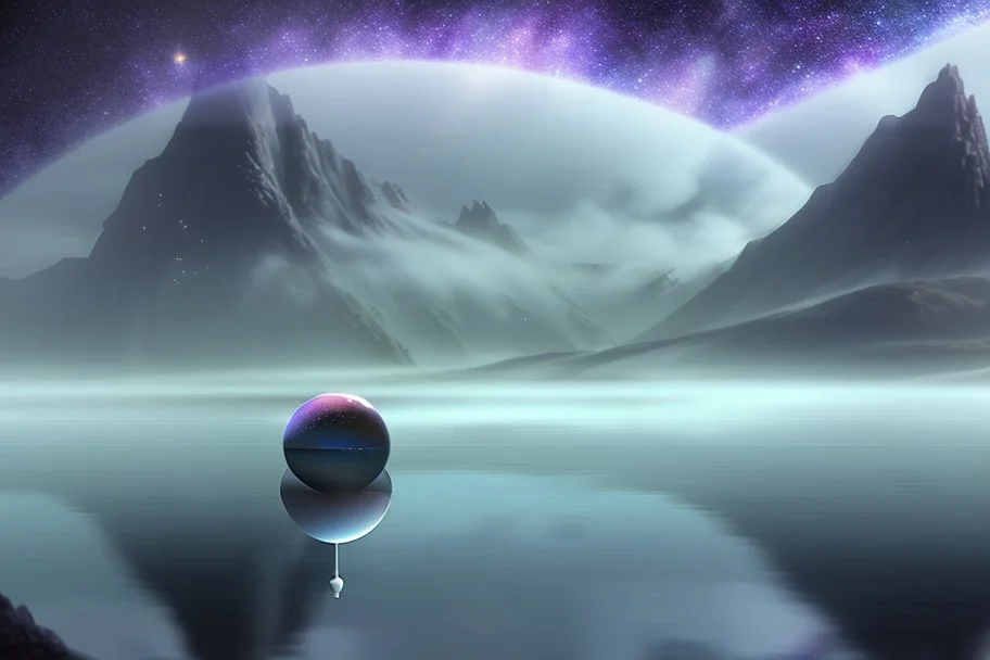 Person seeing a Magic sphere in the misty lagoon, that reflects galaxy