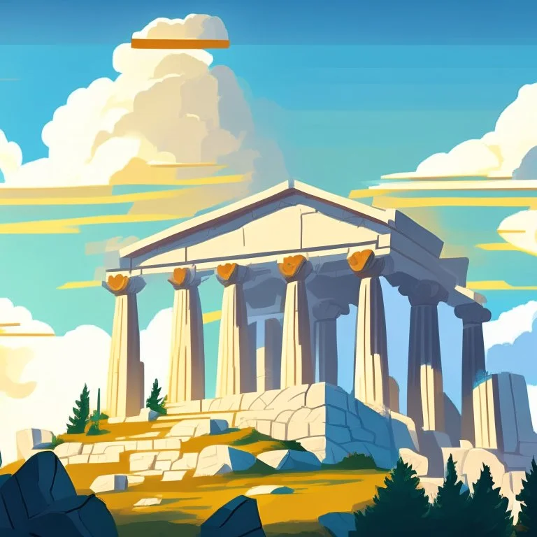 mount olympus from the greek mythology. High up in the mountains. Illustration. Cloudy. Sun behind the temple of Zeus.