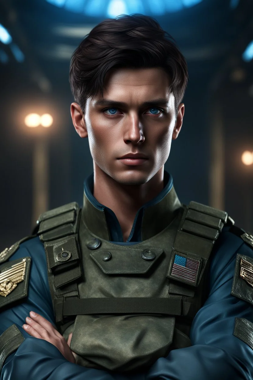 27 year old male with short dark hair and blue eyes standing with his arms folded, military, photorealistic, 4k, dark fantasy