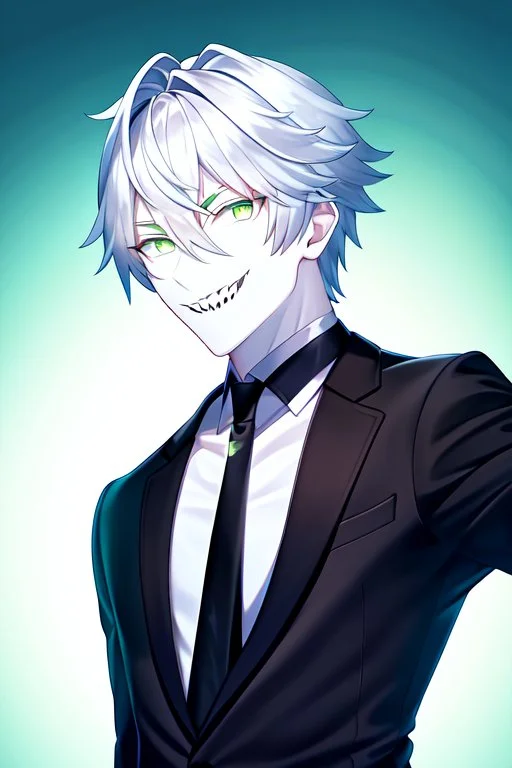 plauge doctor in balck leather coat and suit with silver hair, pale skin and bright green glowing eyes smiling with sharp teeth, nice young face, male, viscious smile, face close look