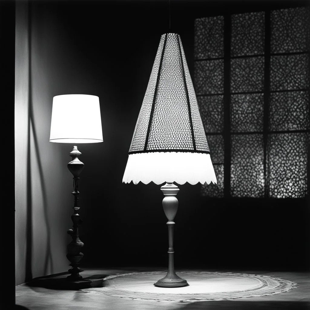 [high res photo by Russ Meyer] the bottom of the Latina woman dress is a Lampshade, light from inside, in the shadows of a dark living studio