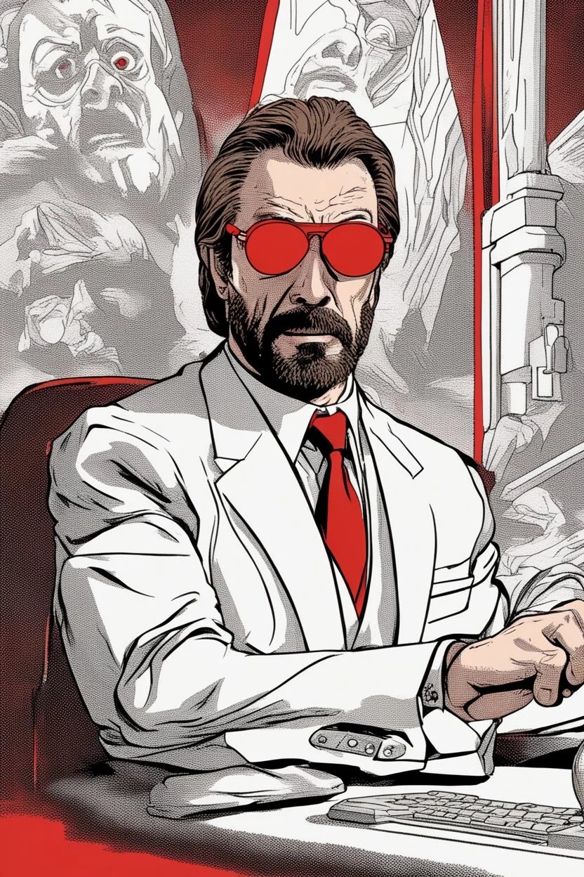 a tough looking, angry Hans Gruber wearing solid red glasses