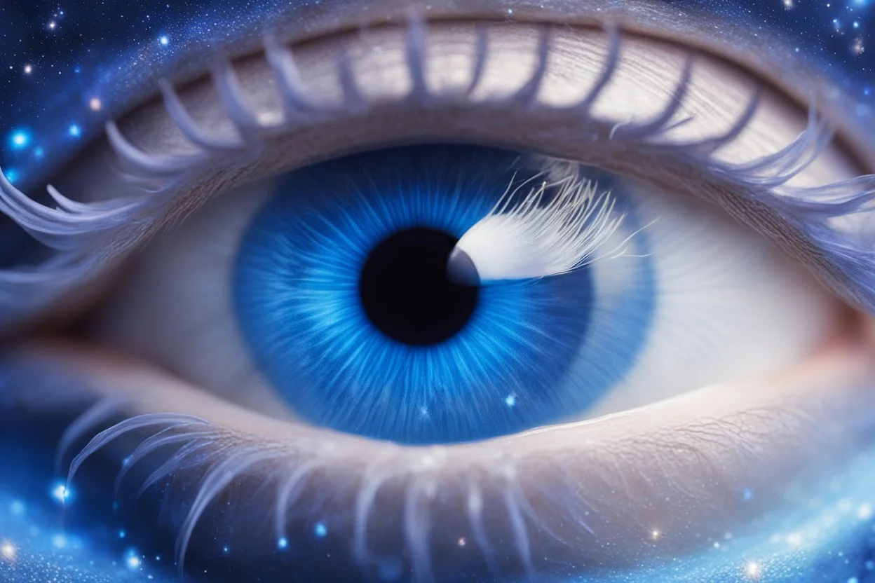 a frame in close up of the light blue eye of a beautiful cosmic fairy. in the middle of the iris there is a small bright galaxy