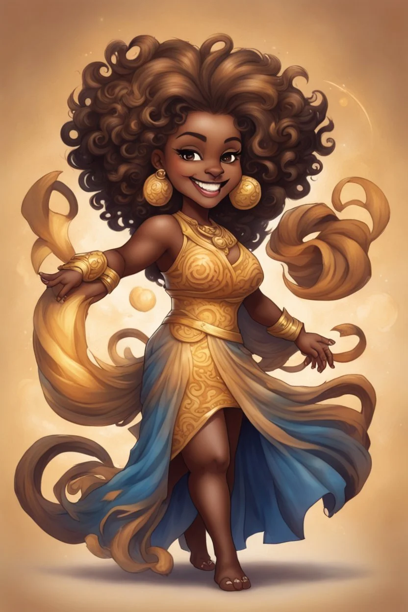 A fearless curvy dark-skinned airbrushed chibi swishes her lion tail excitedly, wearing a dress decorated with the Leo astrology symbol. With mane-like hair wild with curls, she smiles wide, showing off fangs. She stands arms and legs spread, steadfast as a lioness, demonstrating Leo courage and leadership.