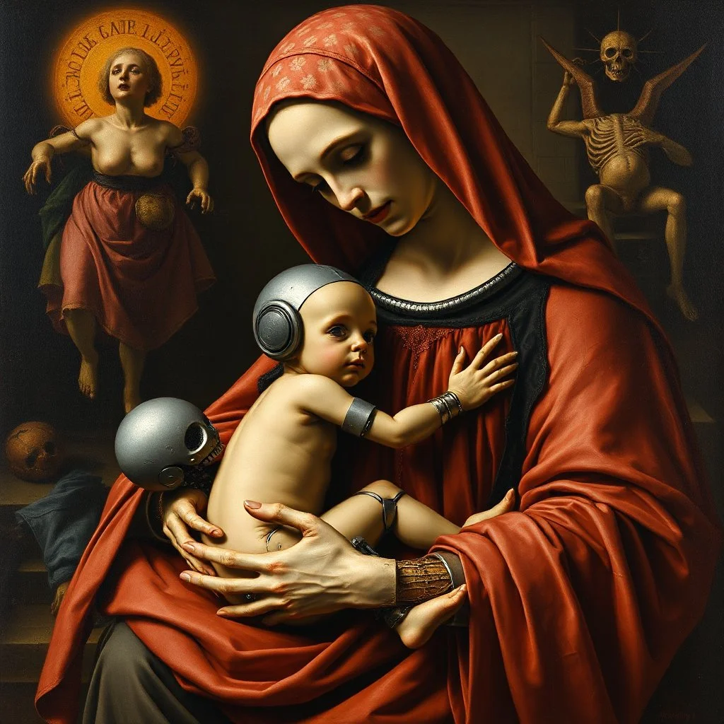 Visual Necromancy, Madonna cradling (anthropomorphic android robot cybernetic child:1.5), composition by Fra Fillipo Lippi, sci fi art conceived by Anton Semenov, by Hieronymus Bosch, middle ages oil painting, surreal, wages of sin