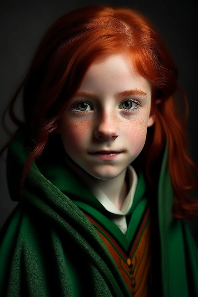 A cute girl with red hair and green eyes and she is wearing a Hogwarts robe