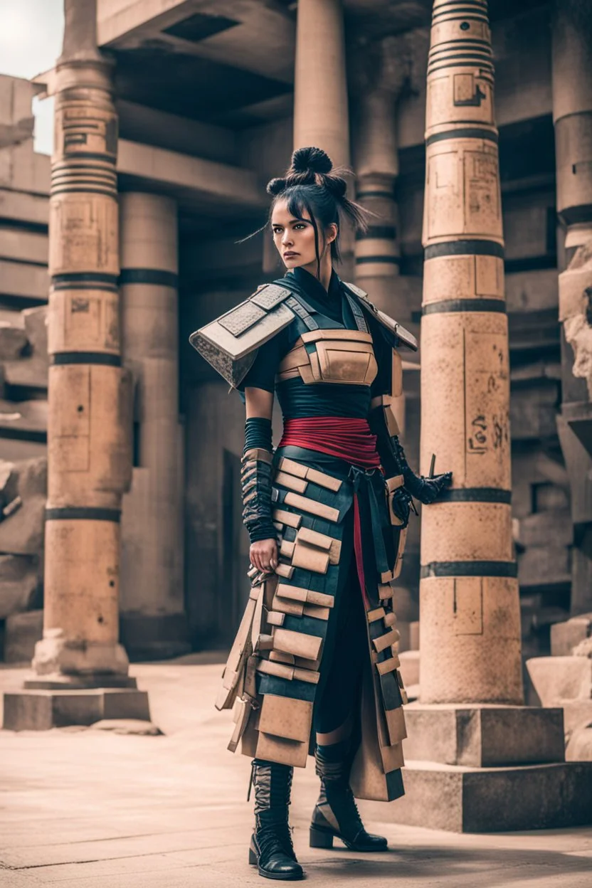 woman in retro-futurist samurai costuming standing while leaning to the side against a stone pillar of a Egyptian + cyberpunk post apocalyptic building