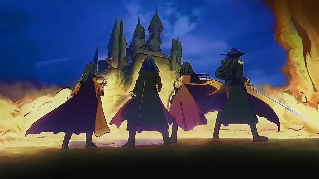 Adventurer party of four people, standing before a castle
