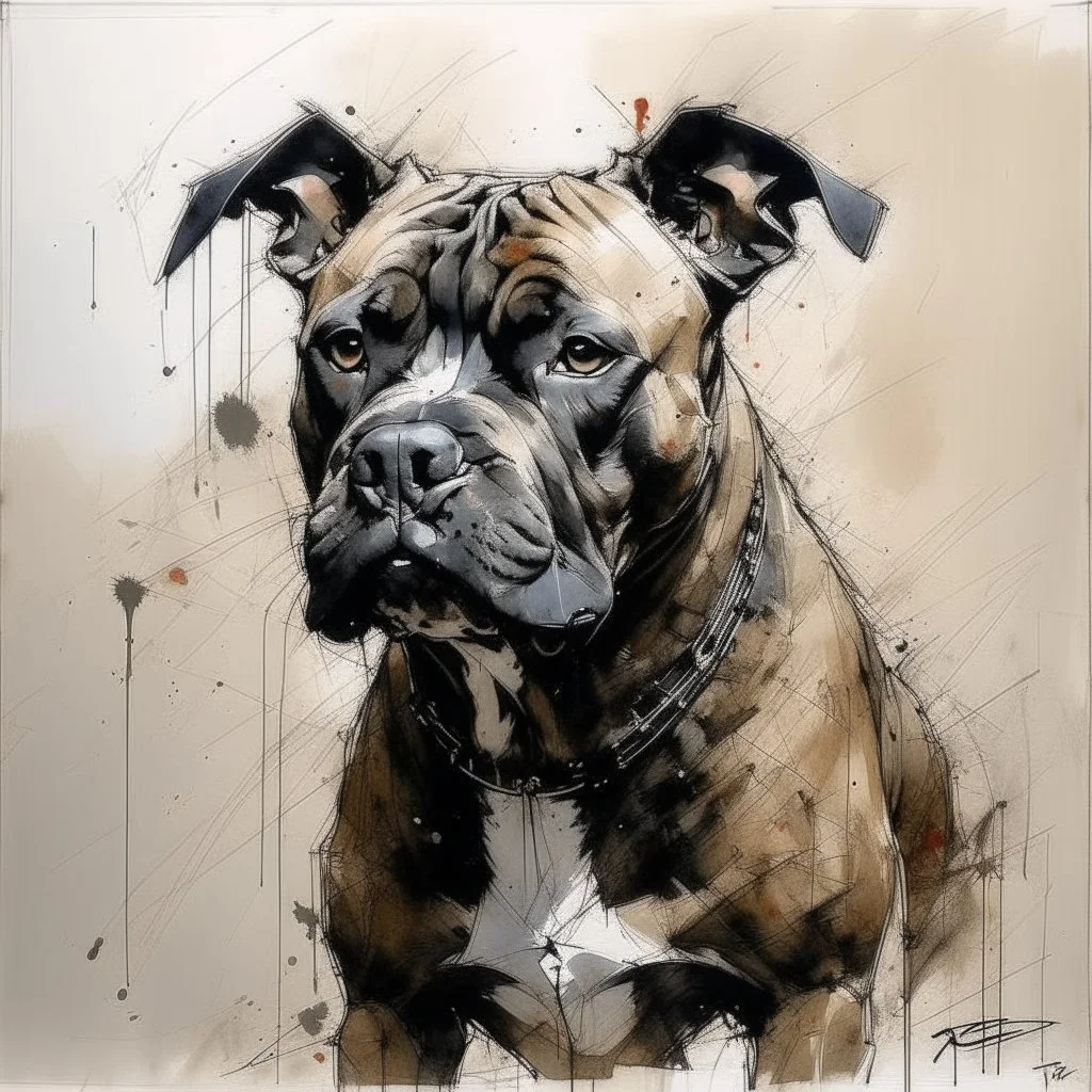 Brindle Staffie dog with gentle expression in the style of Willem Haenraets, Yoji Shinkawa, Guy Denning, Florian Nicolle