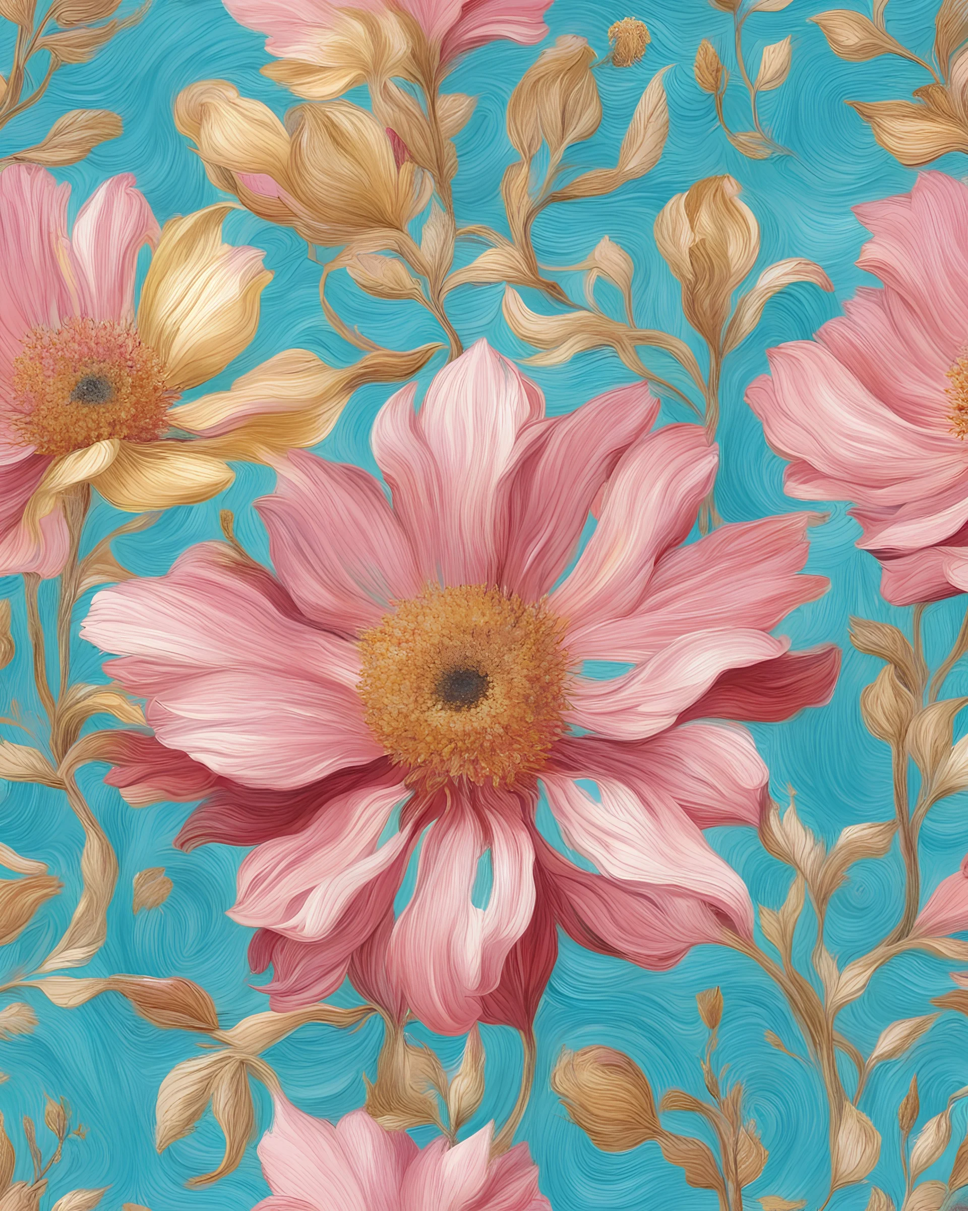 pink, turquoise and gold flower van Gough white background