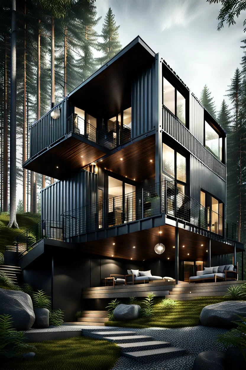 large house in the woods made from shipping containers, photorealistic