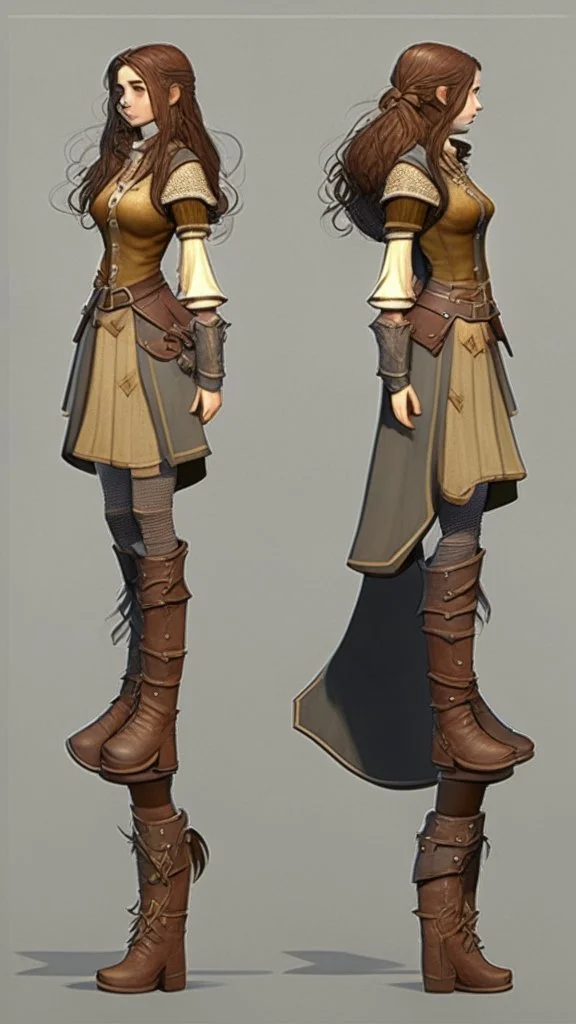 turnaround frontal view, side view and back view, character of a girl, realistic style, brown hair, she wears fantasy medieval clothes, she is slim, full body with boots