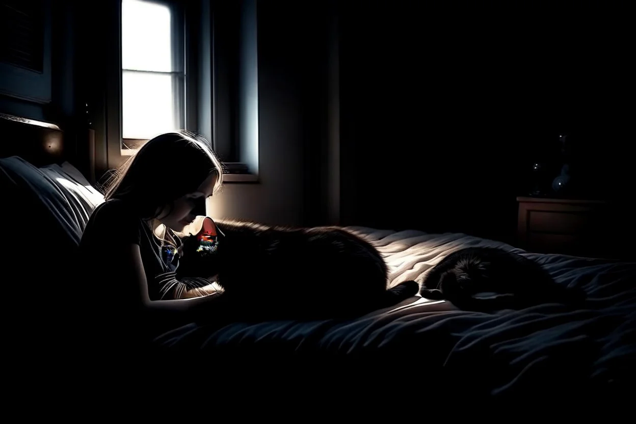 Woman sleeping in a dark room with a black cat. Moonlight filters through the window. Calming atmosphere.