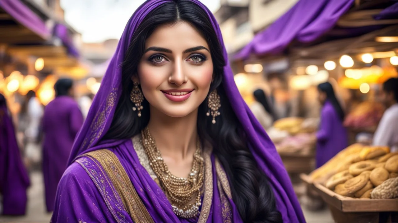 Hyper Realistic Beautiful Happy Pashto Woman with Beautiful-Kajal-Eyes & Long-Black Hair wearing Purple-Dress-&-Beige-Shawl in a market with garland-light-&-some-shops with traditional environment showing dramatic & cinematic ambiance.