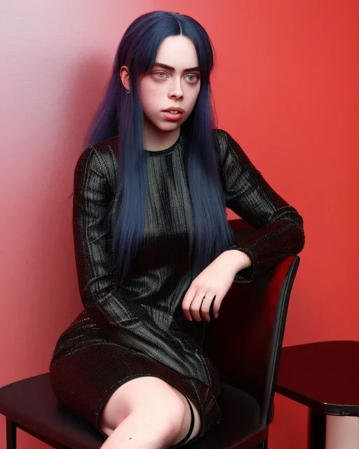 Billie Eilish, sitting on a chair, Black Short Dress, high detail, realistic