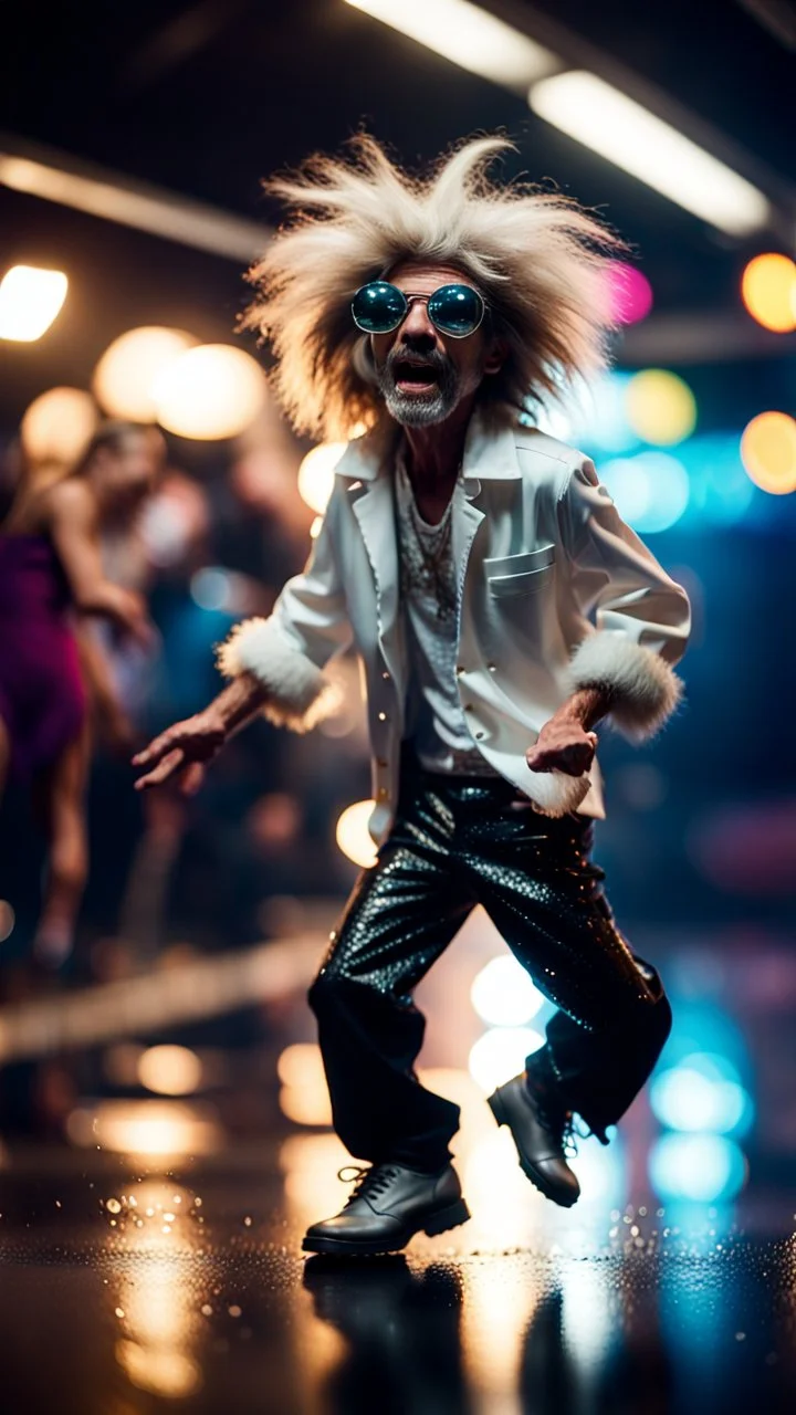 funky punk hippy hairy white skinned pimp tap dancer fashion gremlin in the middle of crazy dance moves dancing on buss parked in dark lit reflective wet hall tunnel,bokeh like f/0.8, tilt-shift lens 8k, high detail, smooth render, down-light, unreal engine, prize winning