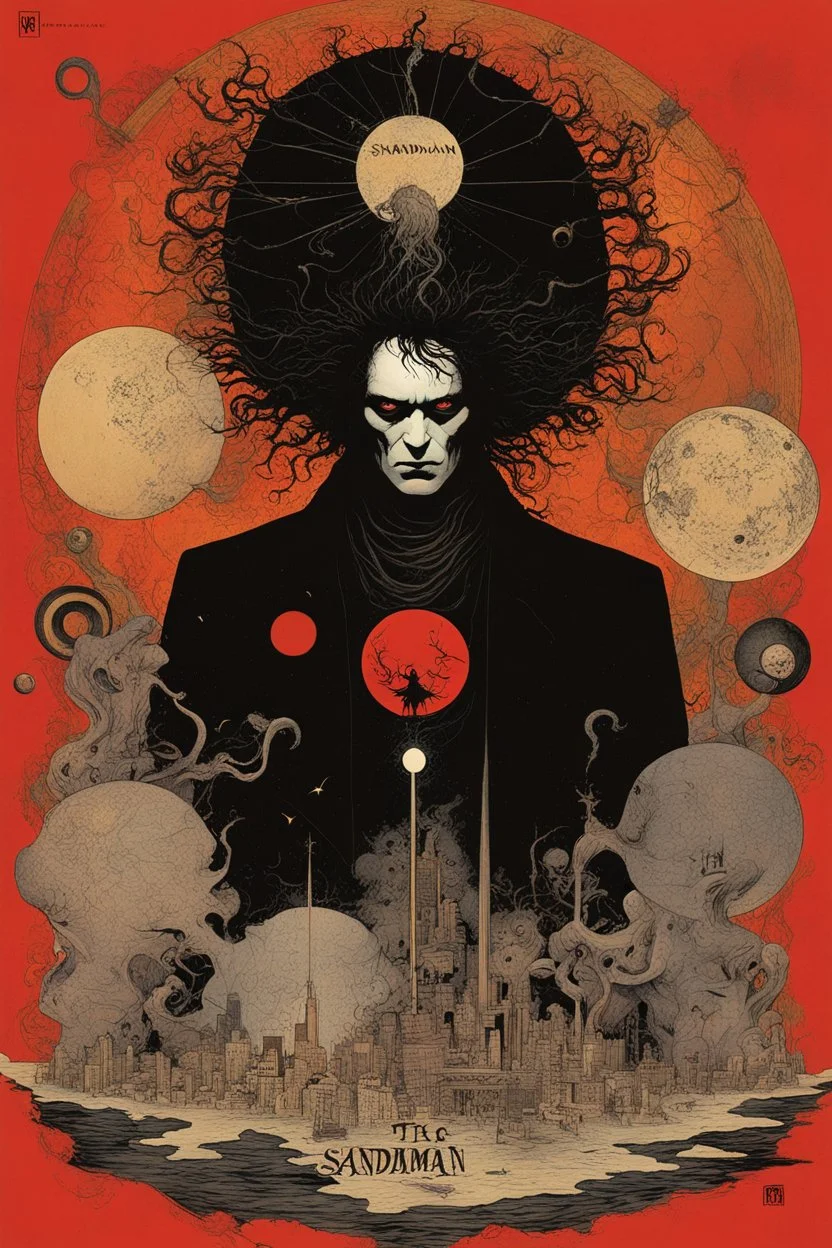 (text "THE SANDMAN":2.0) in sandman comic book font, Nightmare frequencies visualization, cartography of The Dreaming, abstract surreal art, by Graham Sutherland and Adolph Gottlieb and Dave McKean, mind-bending illustration; Neil Gaiman's "The Sandman" Cover art by Dave McKean, crisp cool colors - red hues