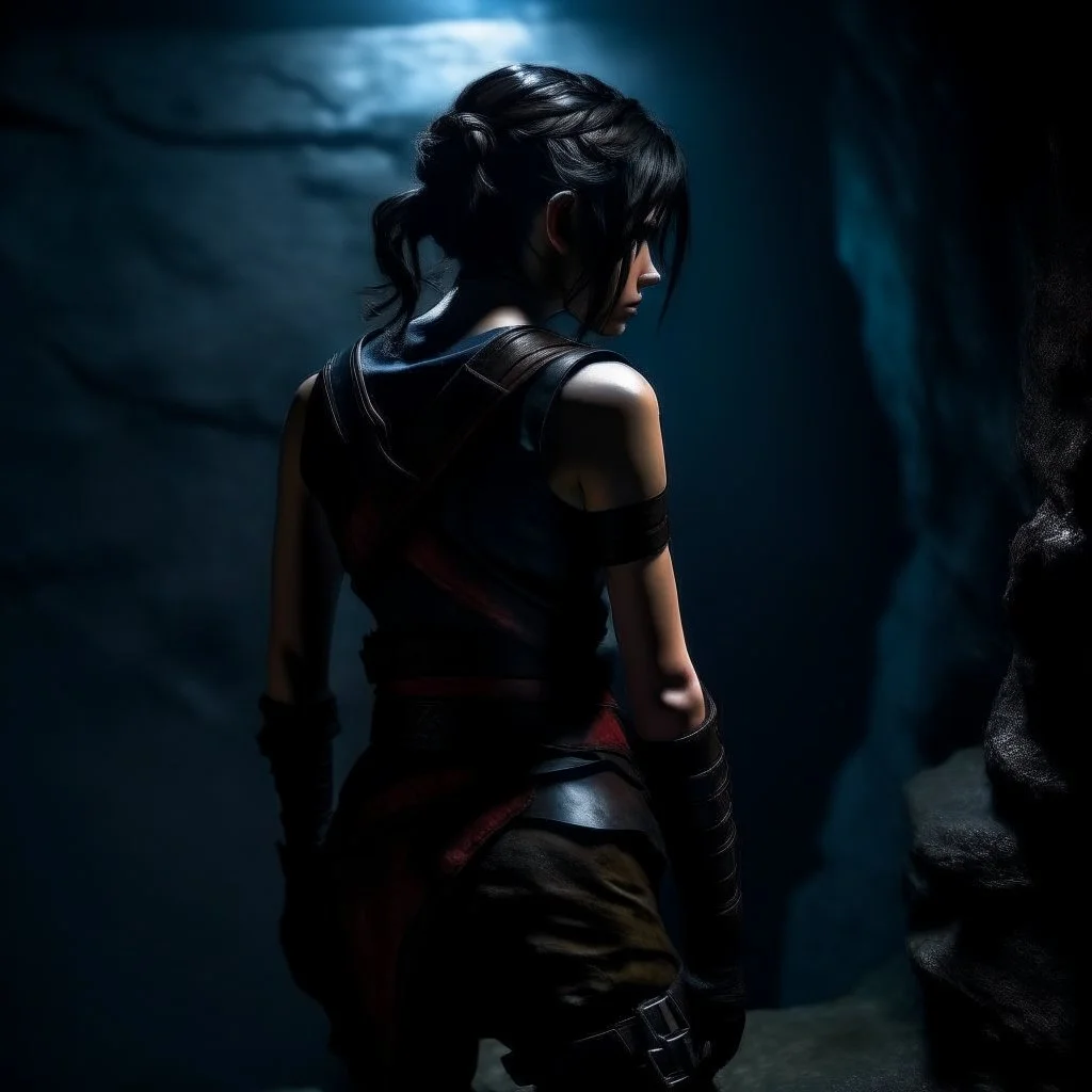 a beautiful dark haired tiefling woman in a sleeveless battle outfit, seen from the back, at the edge of a precipice in the dark, ready to jump, photo quality, dark colors