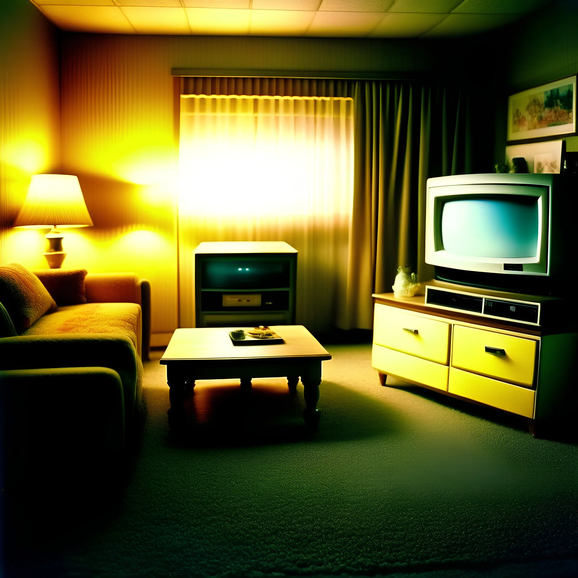 Liminal living-room, odd, blurred, 1990's computer image, nostalgia