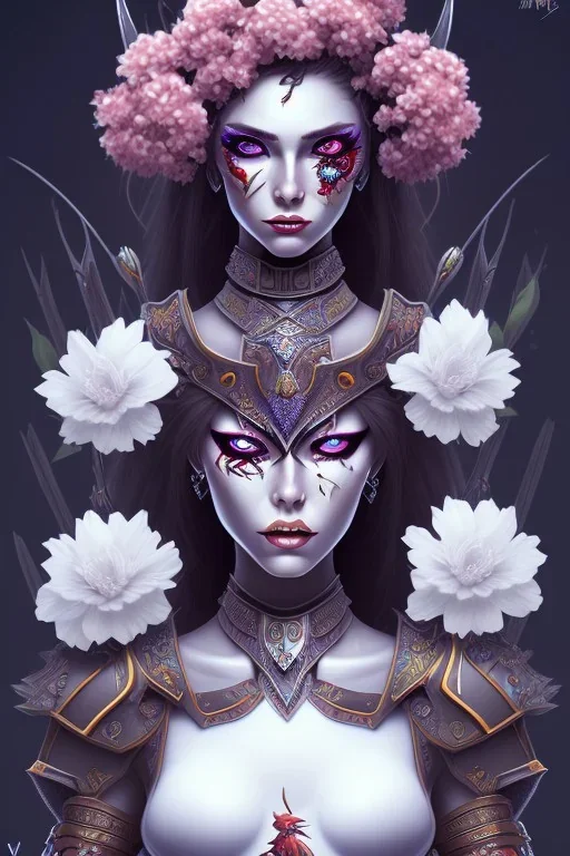 lady warrior with white top and eyes black and flowers