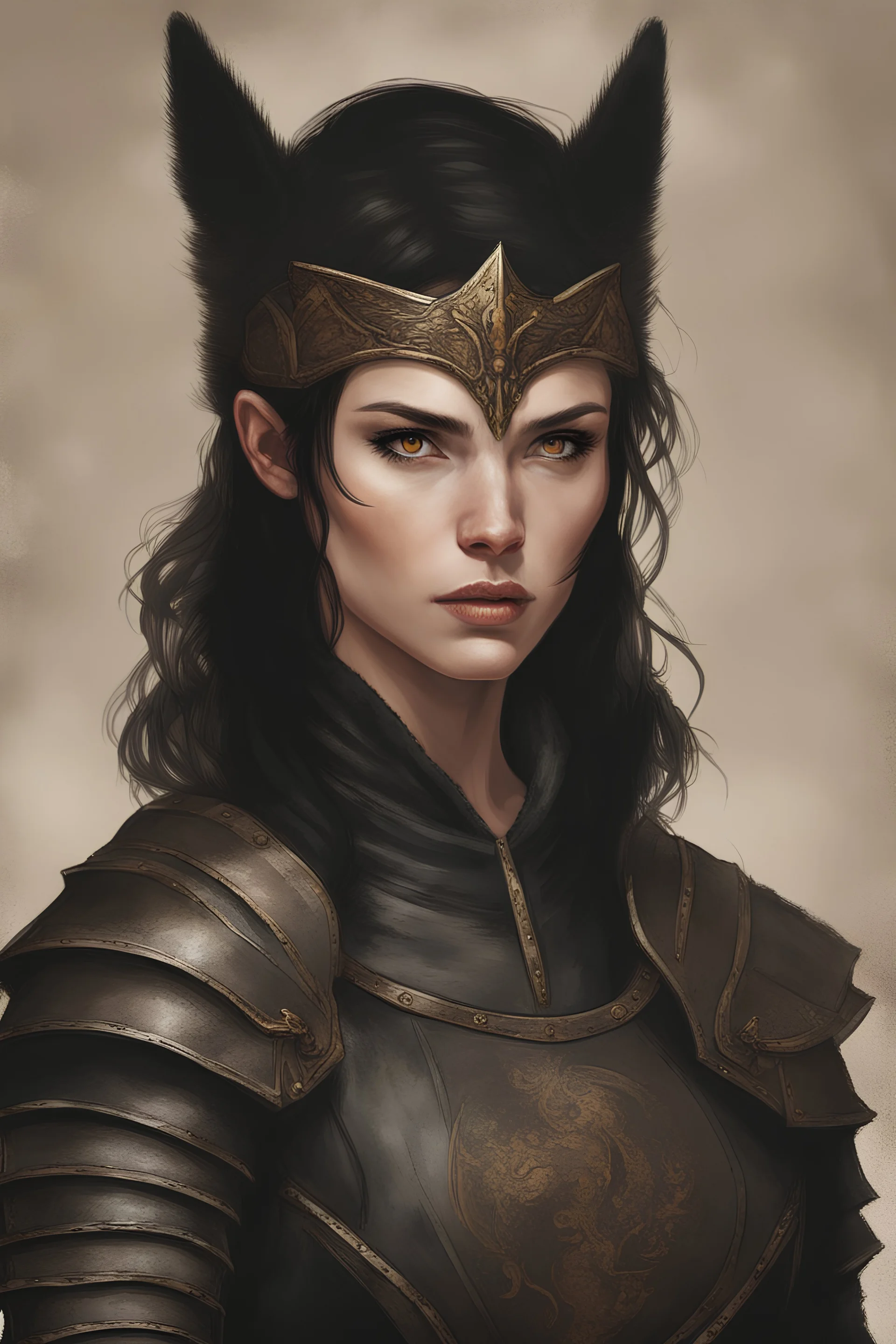 portrait of a athletic woman warrior, black hair worn up, pointed ears, amber eyes, pale skin, black medieval leather armor, black fur cloak, realism art style