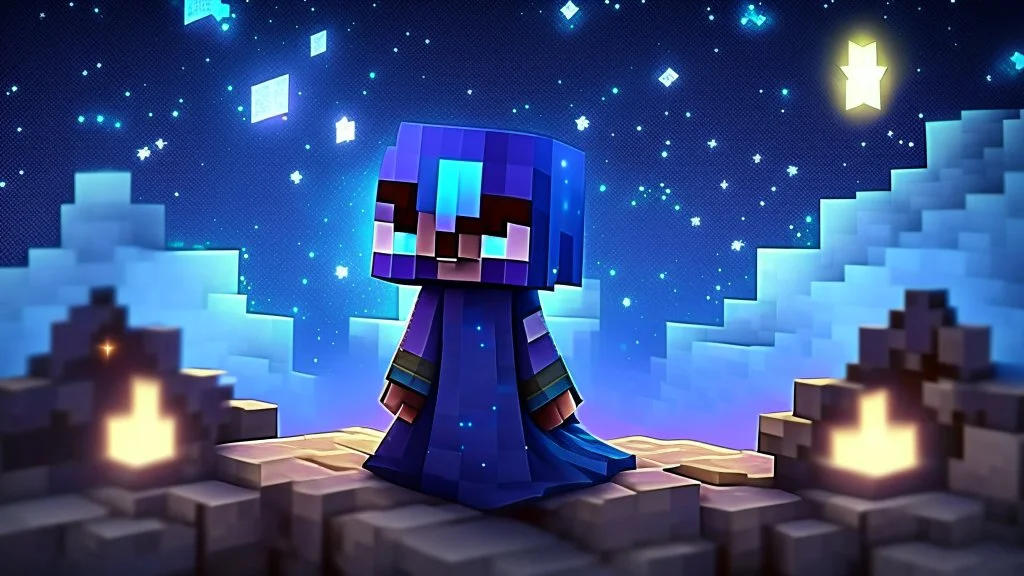 Minecraft Character, minecraft theme, purple starry sky, meditating, facing back, wearing gown, chinese theme,