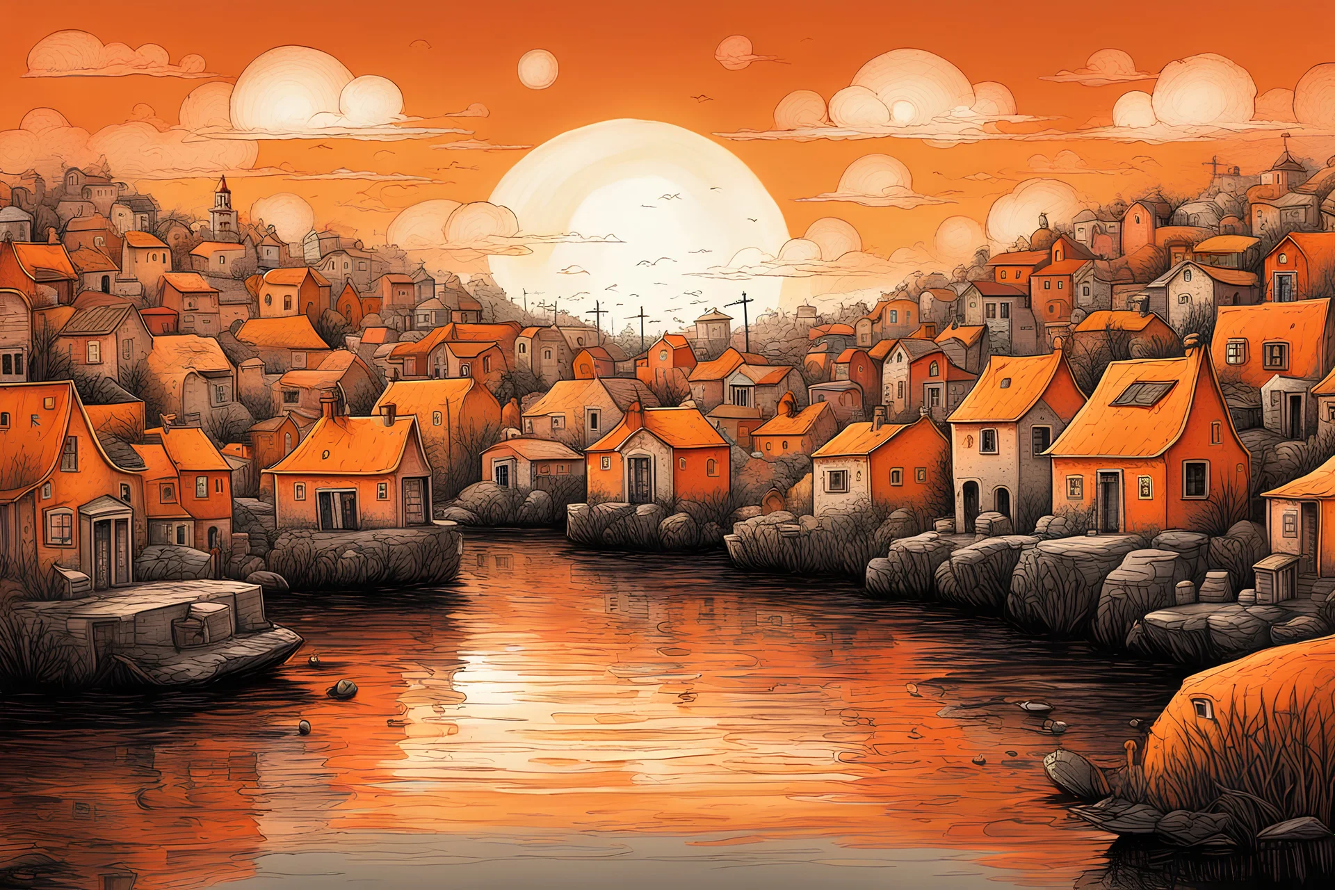 whimsical fishing village made up of entirely orange color, Orange Monochrome color scheme, orange ink illustration reminiscent of Alexander Jansson, variant orange hues creating contrast between the orange houses lined up on shore, orange sun casting its orange concentric rings onto the village and reflecting off the water, incredible contrast, different contrasting textures, orange sky, orange water, smooth, reflective, rhymes with orange.