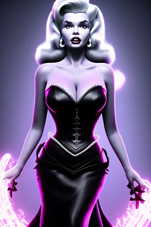 portrait of jayne mansfield as evil queen in black leather gown, leather, angry, stern look, volumetric lighting, particales,highly detailed,cinematic, deep colours,8