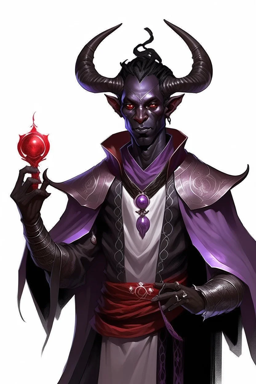 En Young male black skin black hair tiefling Wizard with large horns glowing Purple symbols Everywhere on his body. He's wearing silver and White Rope and a silver cloak. His horn a perfectly place on acet from the front to the back pointing upwards with glowing Red cat Eyes. His close is elegant get simple