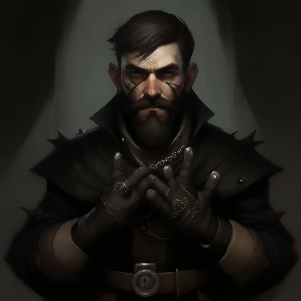 dnd style dark fantasy engineer with obsidian claws. mugshot. Oil panting.