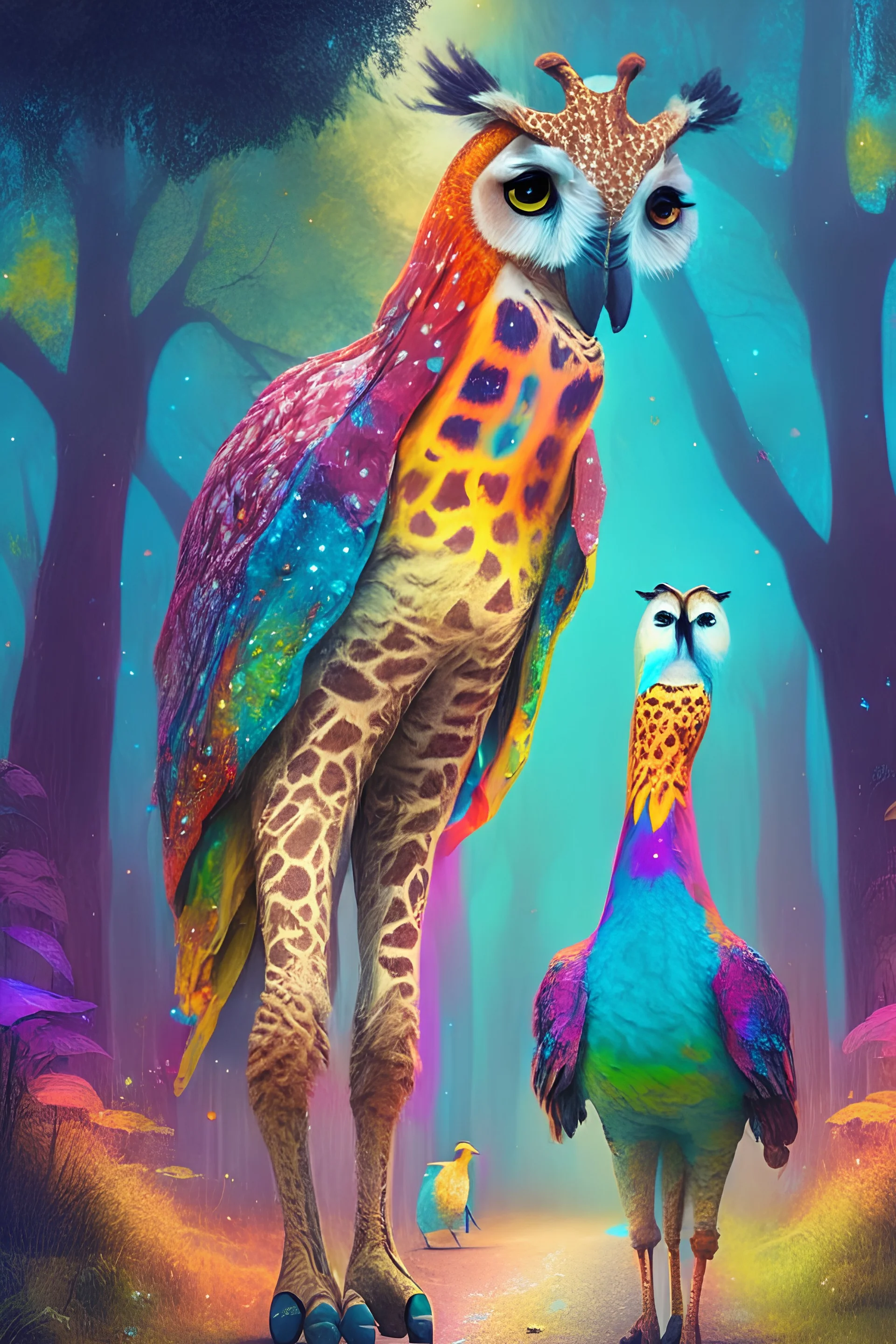 A wise owl in a colorful magical jungel walking together with a giraffe