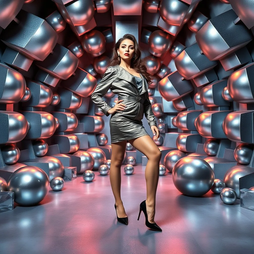 make a picture pretty stage made of metallic blue-gray teme 3d fractal recursive cubic and sphere base structures and a beautiful fashion model lady posing with cute,with Vintage Style clothing,siver high heels ,makeup curvy long hair,dynamic camera zoom to full body and pan, dynamic lights.