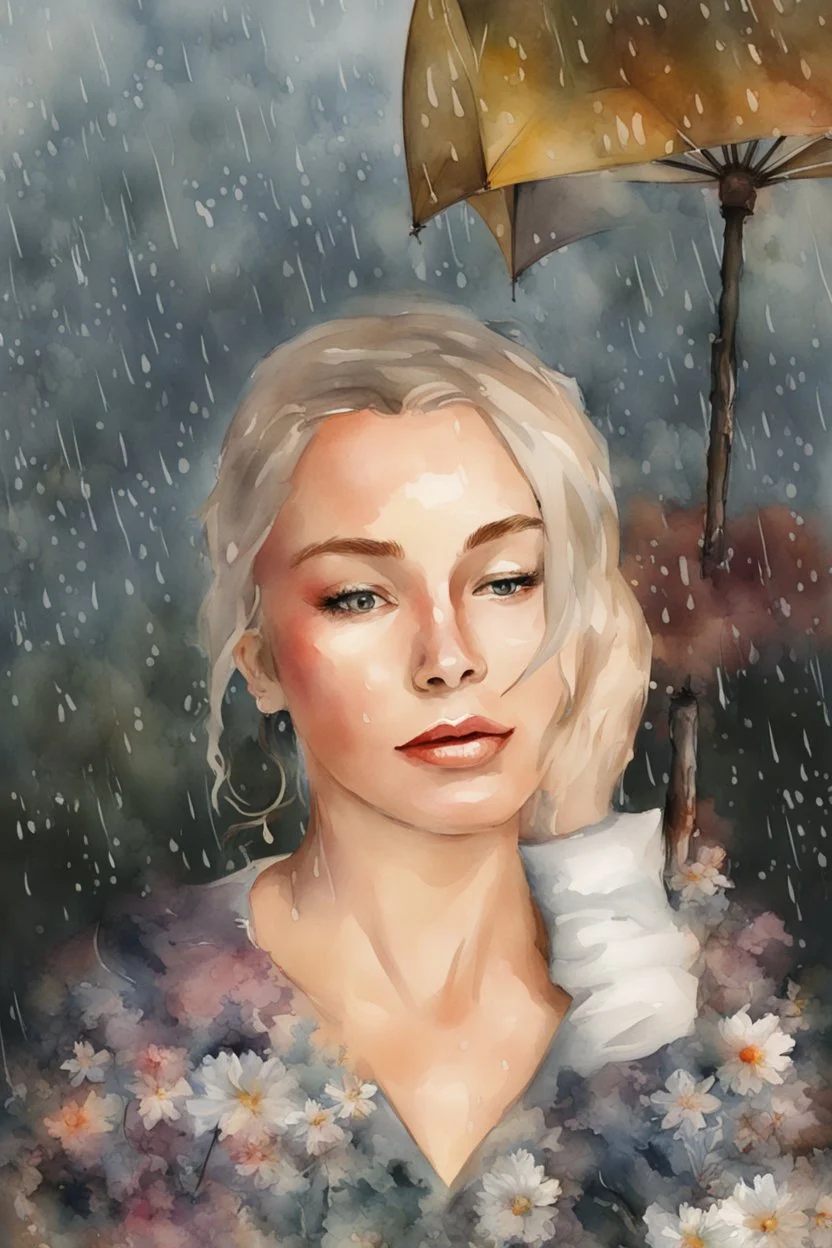 watercolor portrait of a woman, rain, flowers, umbrella, autumn, paint blots