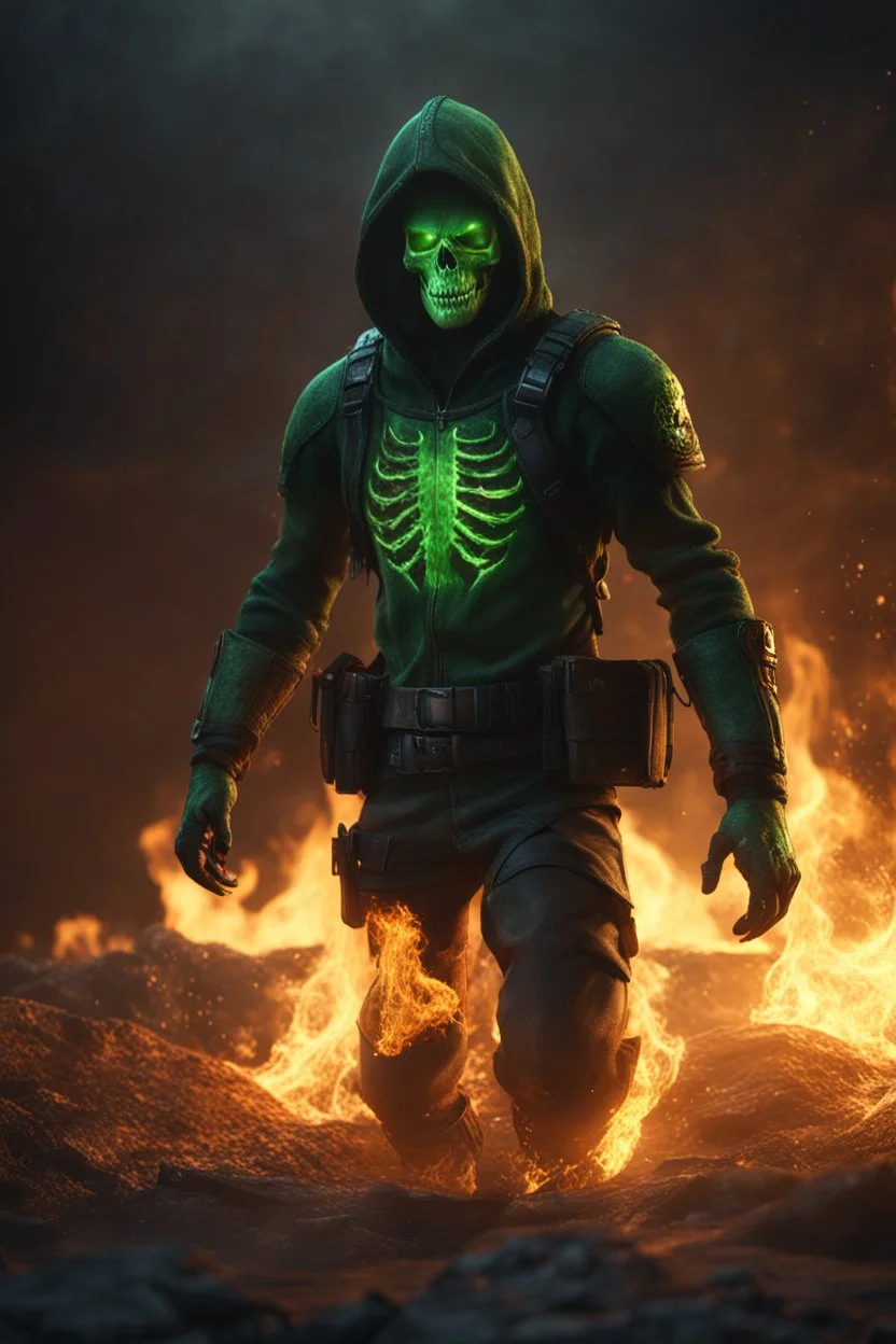 Flameskull. green fire. burning eyes. full body shot. fantasy and horror setting, Cinematic lighting, Volumetric lighting, Epic composition, Photorealism, Very high detail, Character design, Unreal Engine, Octane render, HDR, Subsurface scattering, fantasy art,