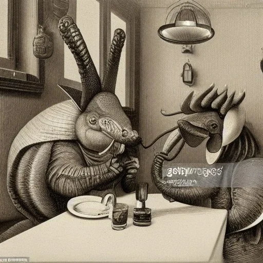 Realist portrait of one armadillo and one octopus having coffee together in a diner 1880s