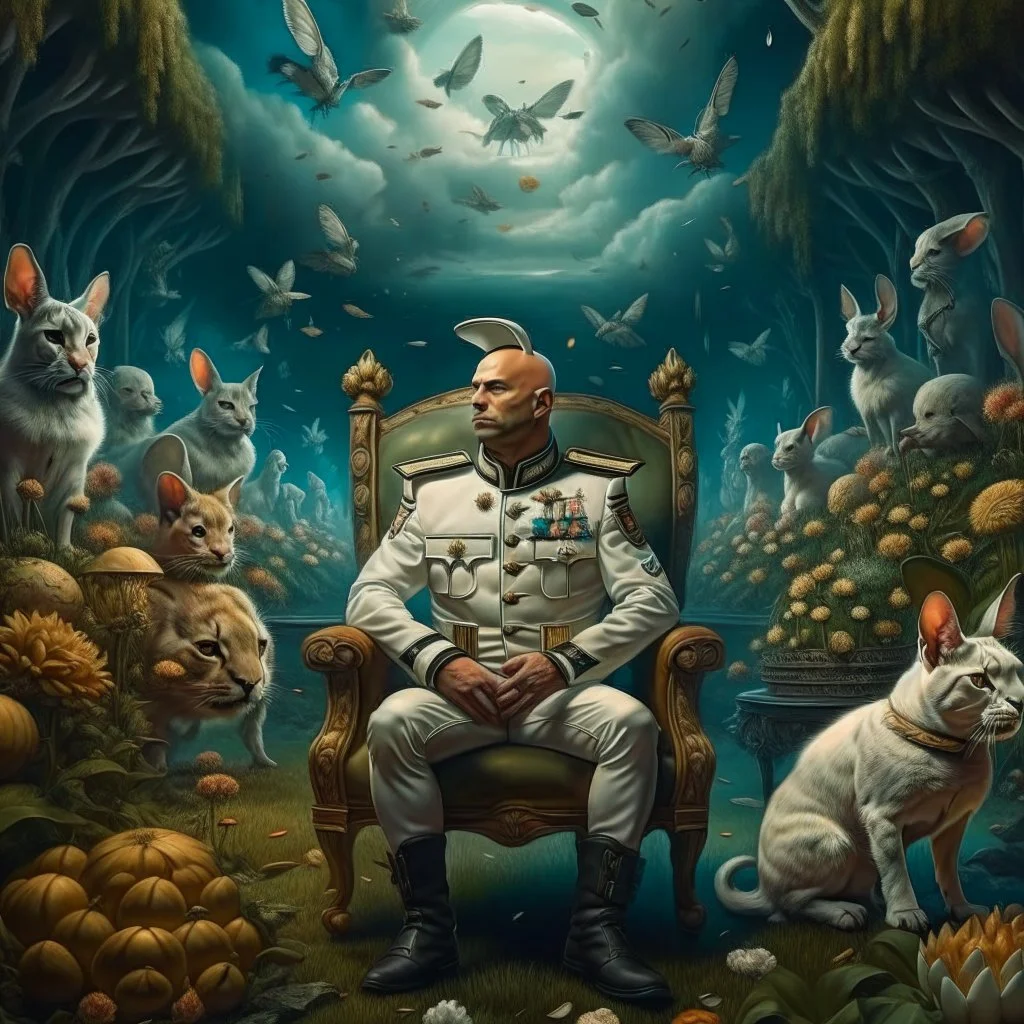 portrait of macho army officer on a bar chair inside mushroom grove with huge fluffy space chinchilla, 4 k, down-light, soft light, depth of field, photo realism, trending on art station, high detail, spray paint