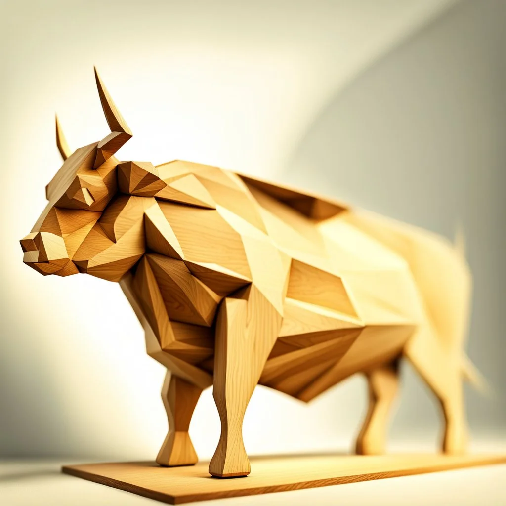 low polygon bull made out of wood, in focus