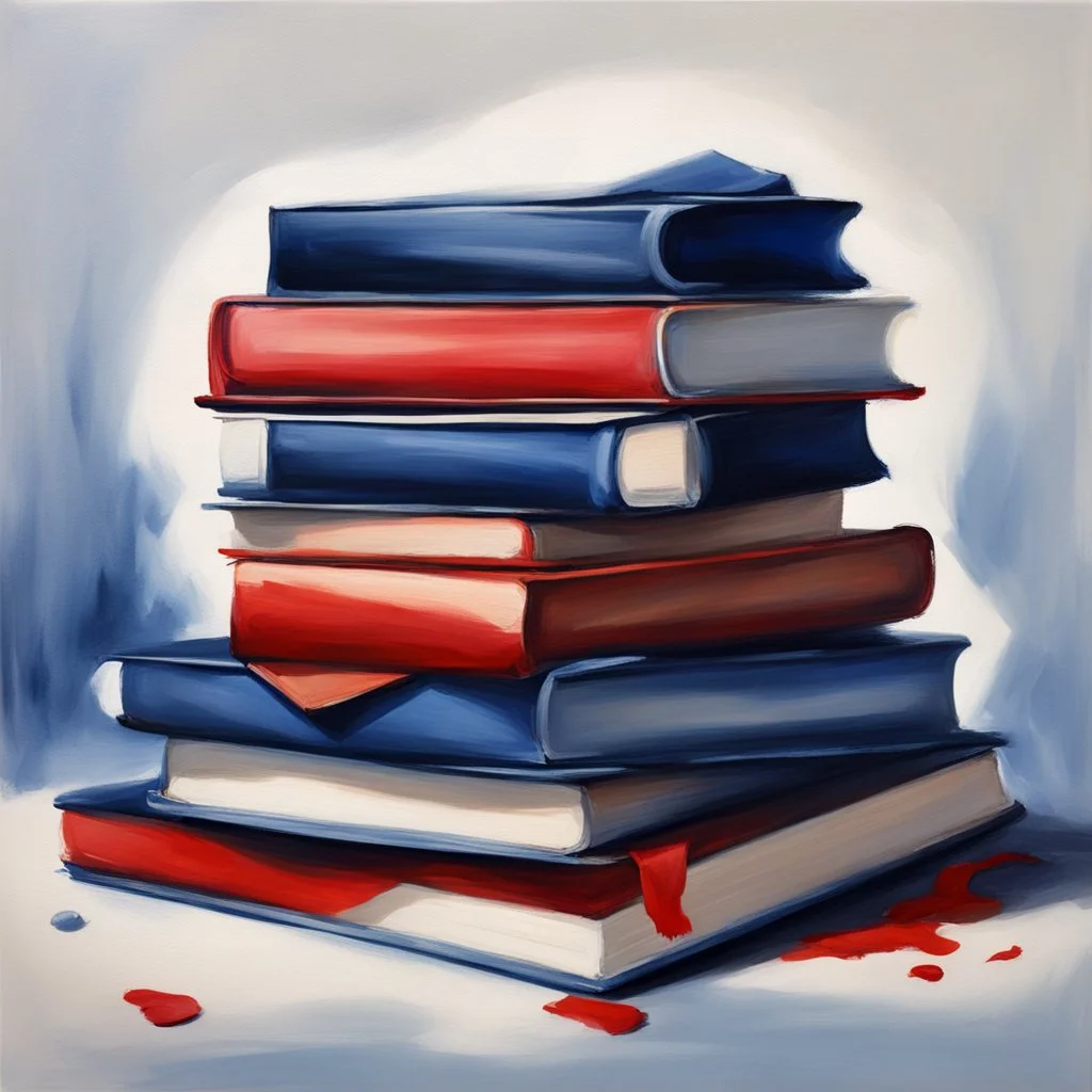 oil painting, in the style of Easter illustrations, midnight blue and red, stack of books with airbrush tape, white background only