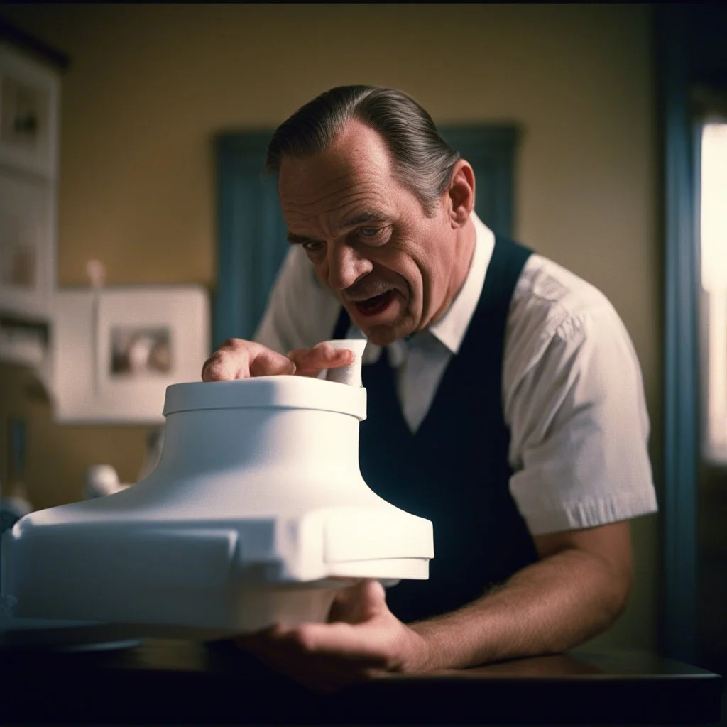 Mr. Whipple squeezing the Charmin, Cinematic film still, shot on v-raptor XL, film grain, vignette, color graded, post-processed, cinematic lighting, 35mm film, live-action, best quality, atmospheric, a masterpiece, epic, stunning, dramatic